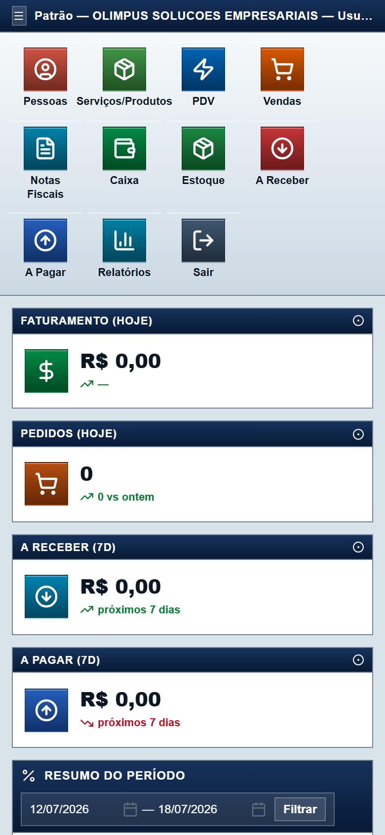 Tela de Dashboard do Patrão no celular